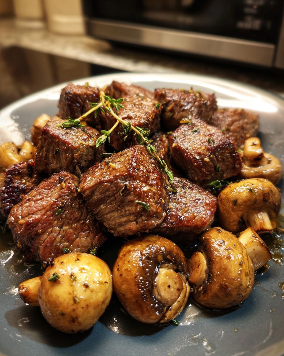 Delicious air fryer steak bites and mushrooms, seasoned and garnished with fresh thyme.