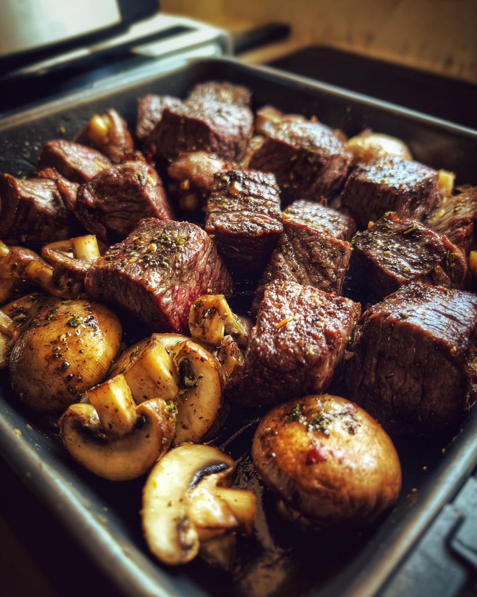Close-up of juicy air fryer steak bites and mushrooms seasoned with herbs in a dark pan.