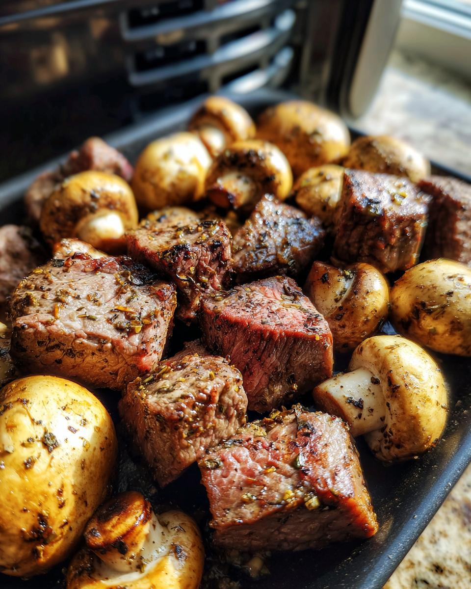 Close-up of seasoned steak bites and whole mushrooms cooked in an air fryer basket.