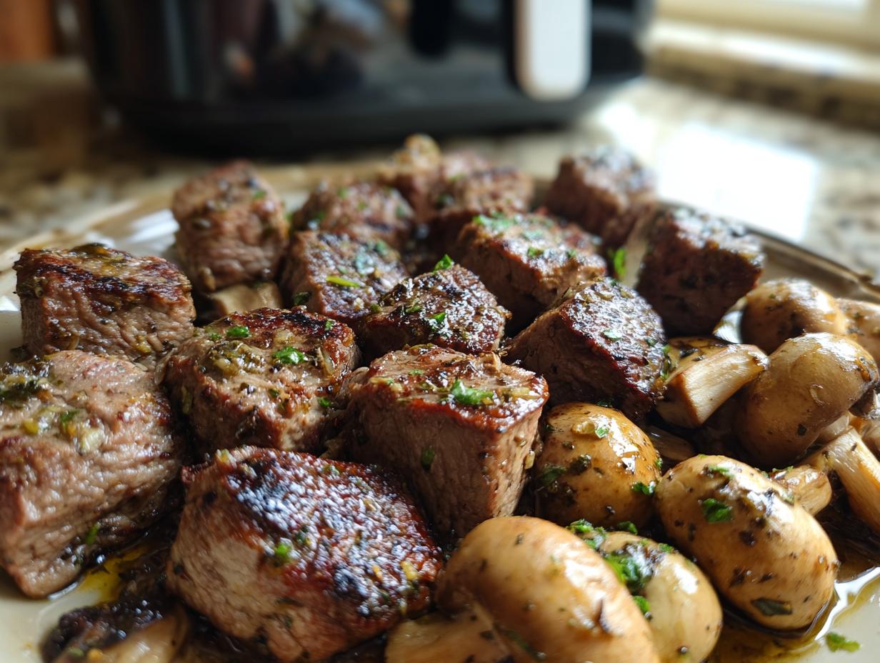 Close-up of juicy air fryer steak bites and mushrooms seasoned with herbs, ready to serve.