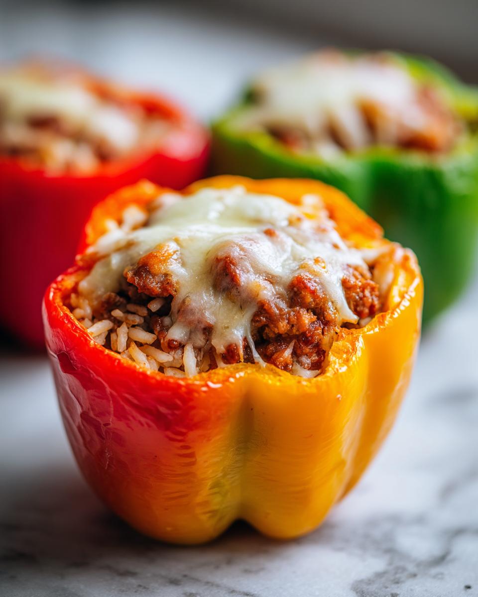 Close-up of air fryer stuffed peppers filled with rice and meat, topped with melted cheese.