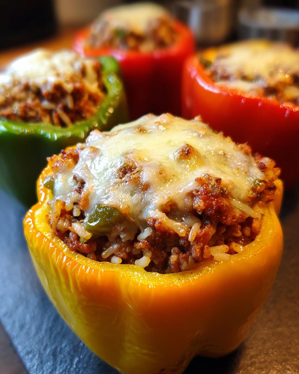 Close-up of colorful air fryer stuffed peppers filled with rice and meat, topped with melted cheese.