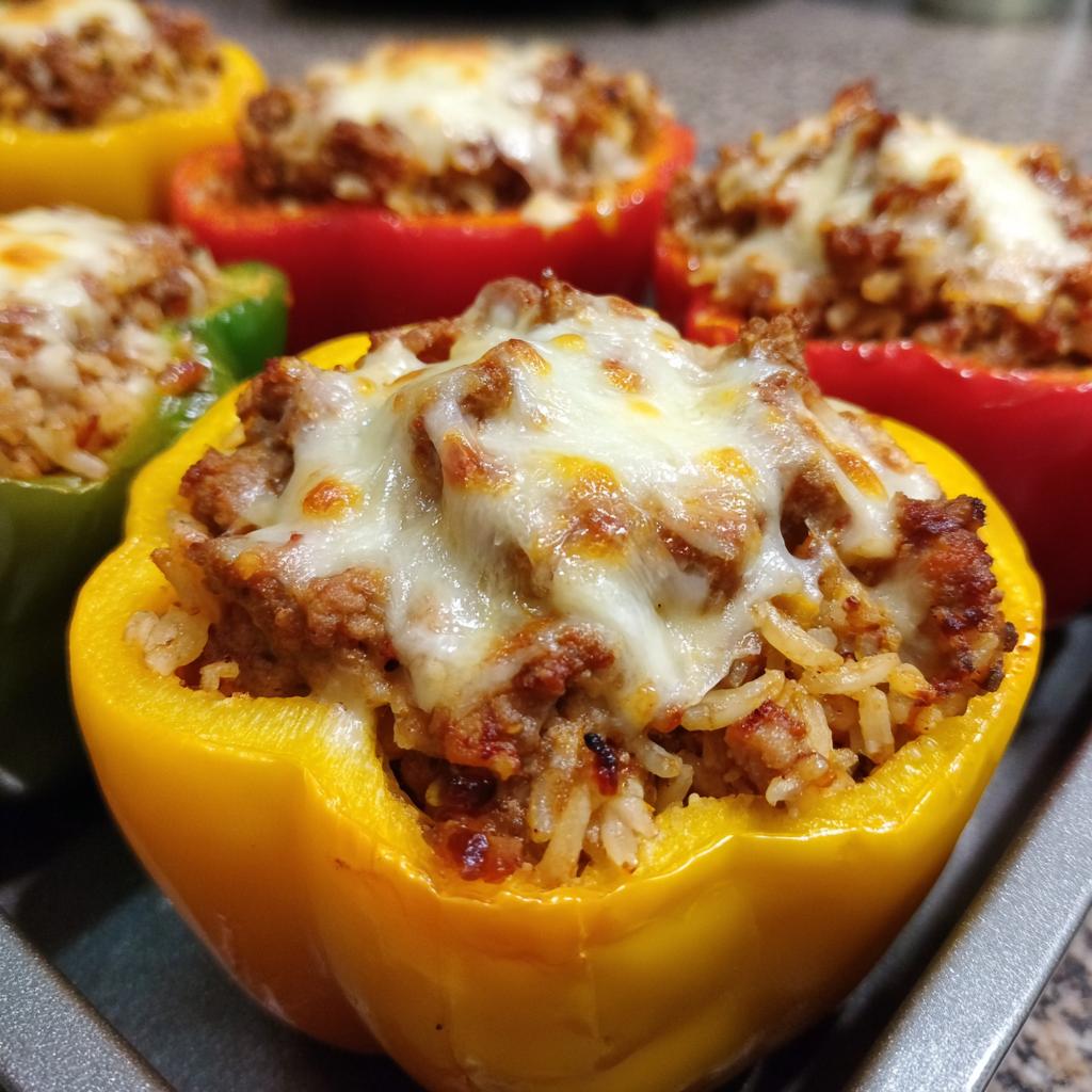 Close-up of colorful air fryer stuffed peppers filled with seasoned meat and rice, topped with melted cheese.