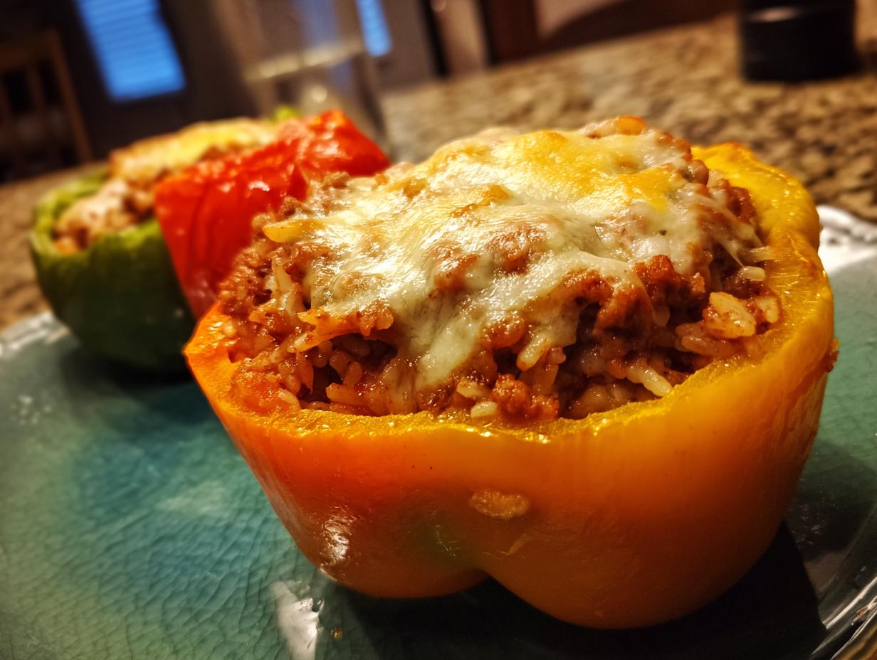 Close-up of air fryer stuffed peppers filled with meat and rice, topped with melted cheese.