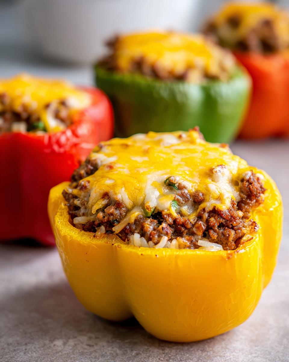A close-up of a yellow stuffed pepper, filled with ground meat and rice, topped with melted cheese. Other stuffed peppers are visible in the background.
