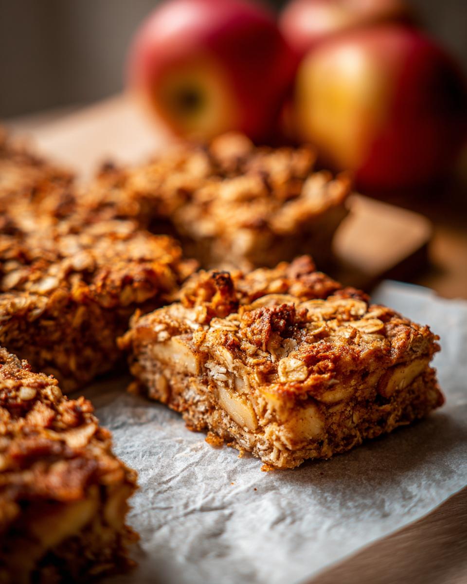 Close-up of Apple Cinnamon Baked Oatmeal bars, showcasing oats, apple chunks, and cinnamon spice.