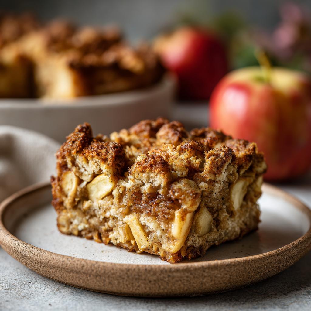 A delicious slice of Apple Cinnamon Baked Oatmeal on a plate, showcasing chunks of apple and a crumbly topping.