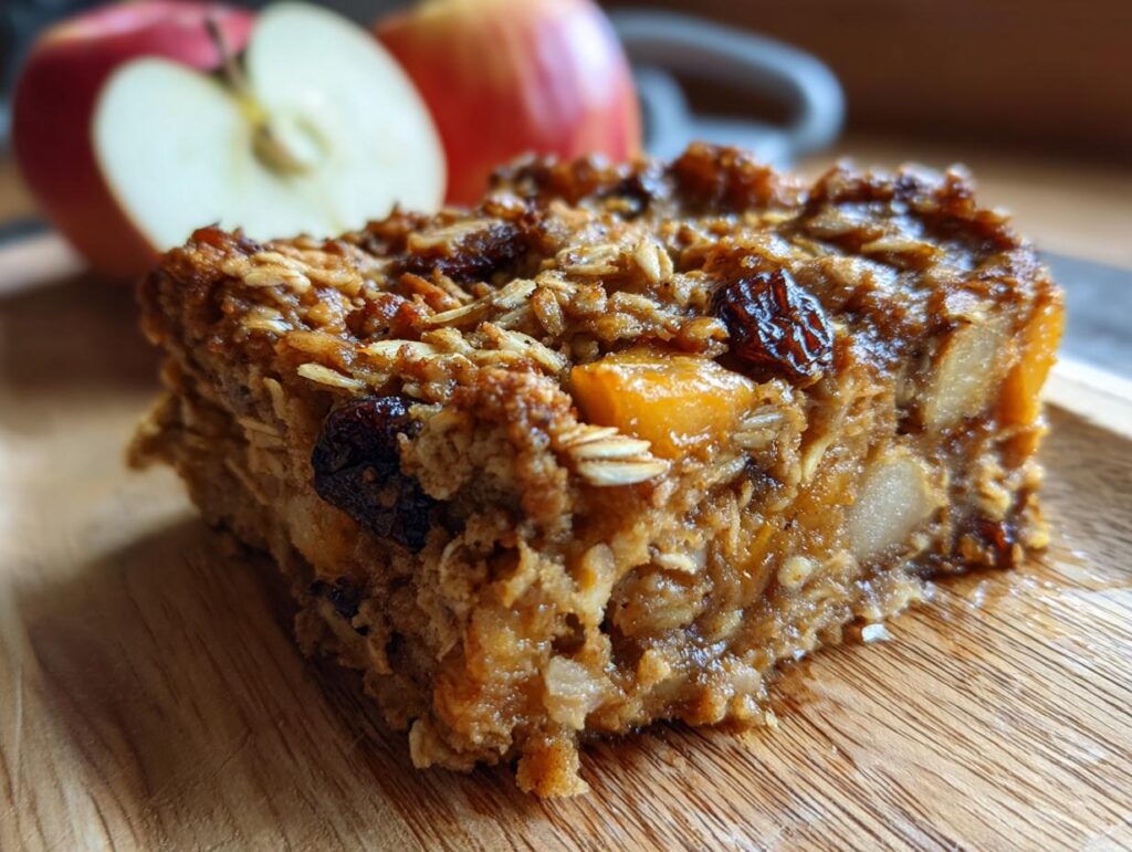 A close-up of a slice of apple cinnamon baked oatmeal, featuring oats, dried fruit, and apple pieces.