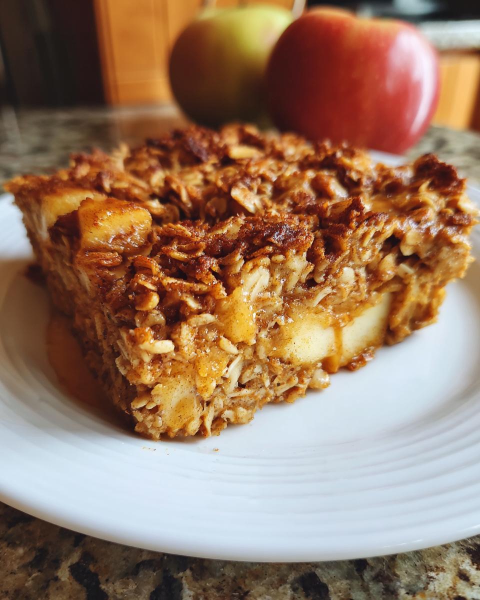 A slice of apple cinnamon baked oatmeal on a white plate, with apples and cinnamon visible.