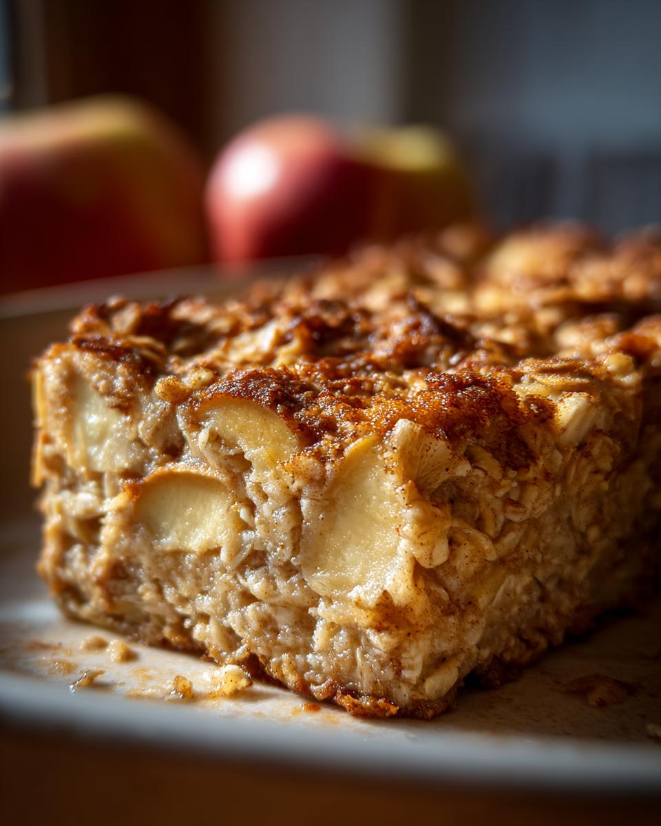 A close-up of a slice of Apple Cinnamon Baked Oatmeal, showing chunks of apple and oats, dusted with cinnamon.