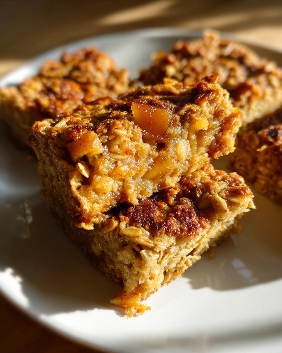 Close-up of baked apple cinnamon oatmeal slices on a white plate, showcasing oats and apple chunks.