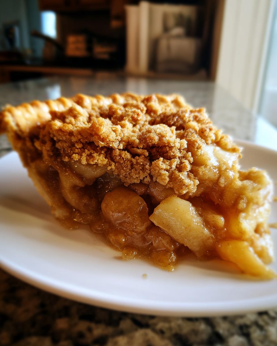 A close-up of a slice of warm and buttery apple crisp on a white plate, showing tender apple chunks and a crumbly topping.