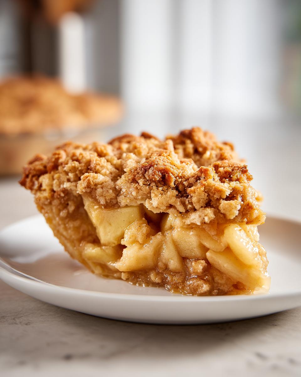 A close-up of a slice of warm apple crisp with a buttery crumble topping and tender apple filling.