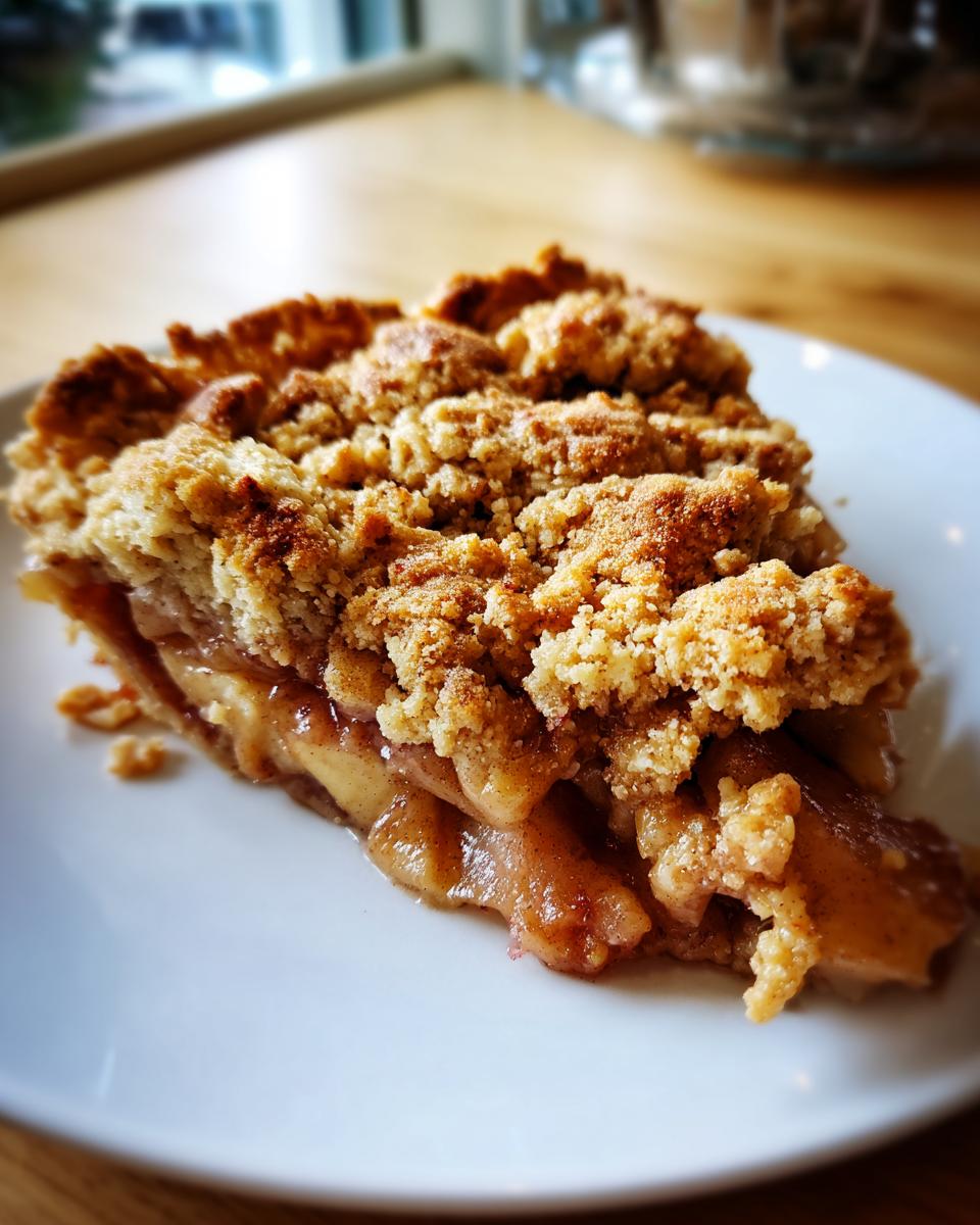 A close-up of a slice of warm and buttery apple crisp on a white plate, showing layers of tender apples and a crumbly topping.