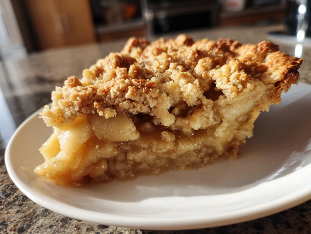 A close-up of a slice of warm and buttery apple crisp on a white plate, showcasing the tender apple filling and crumbly topping.