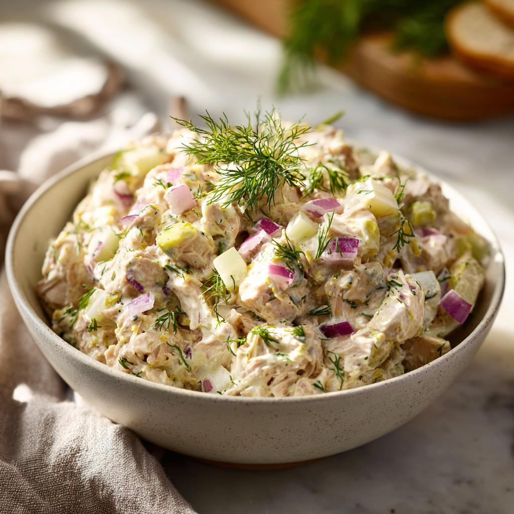 A bowl of creamy avocado tuna salad with red onion, cucumber, and dill, perfect for healthy lunch ideas.
