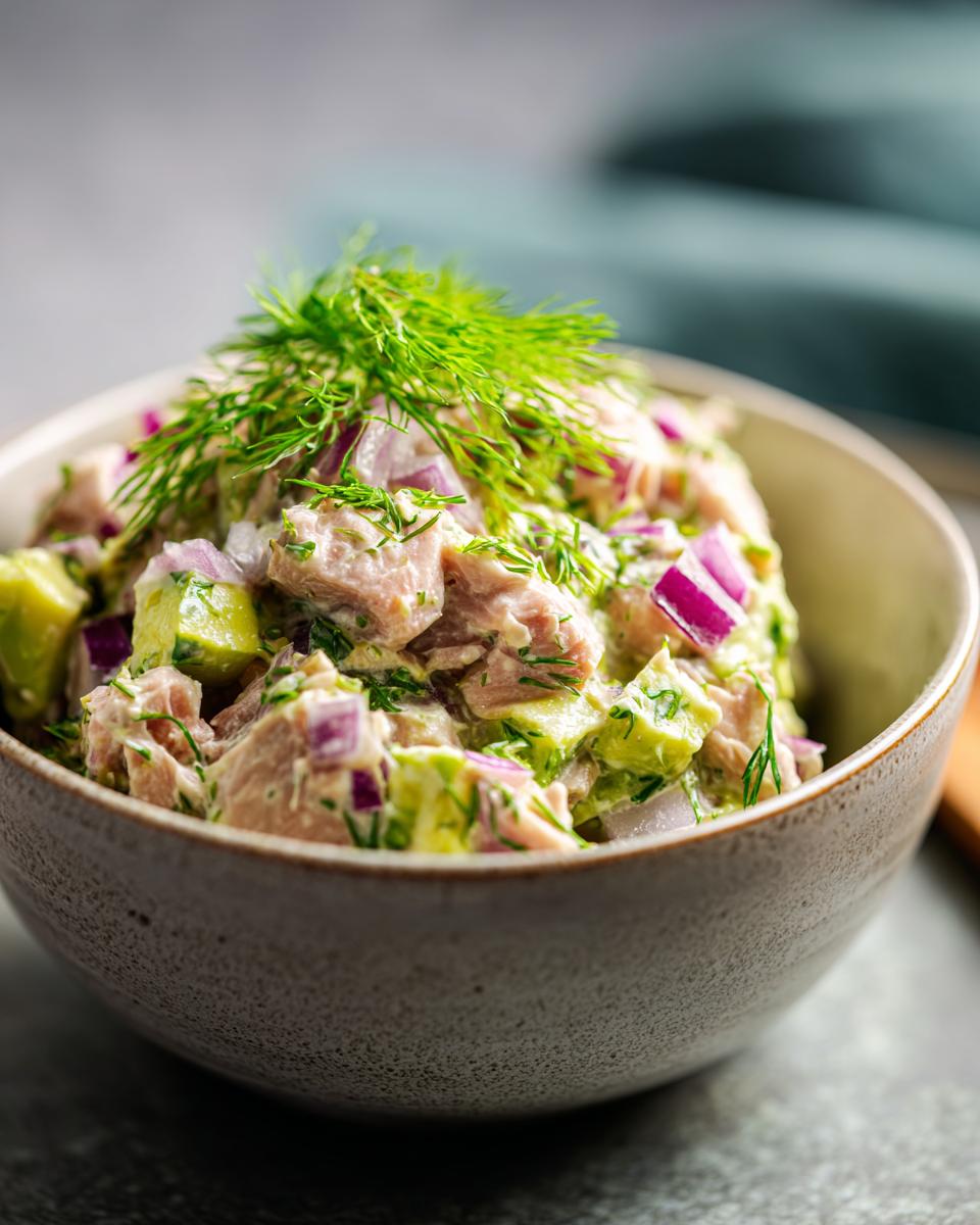 Close-up of a bowl filled with avocado tuna salad, featuring chunks of tuna, avocado, red onion, and dill.