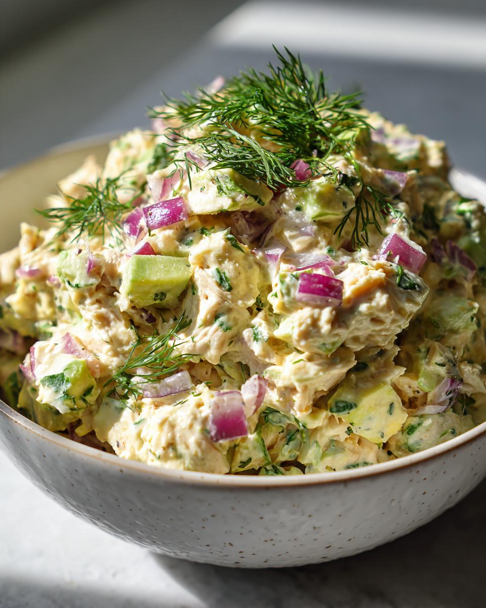 Close-up of a bowl filled with creamy avocado tuna salad, featuring chunks of avocado, red onion, and fresh dill.