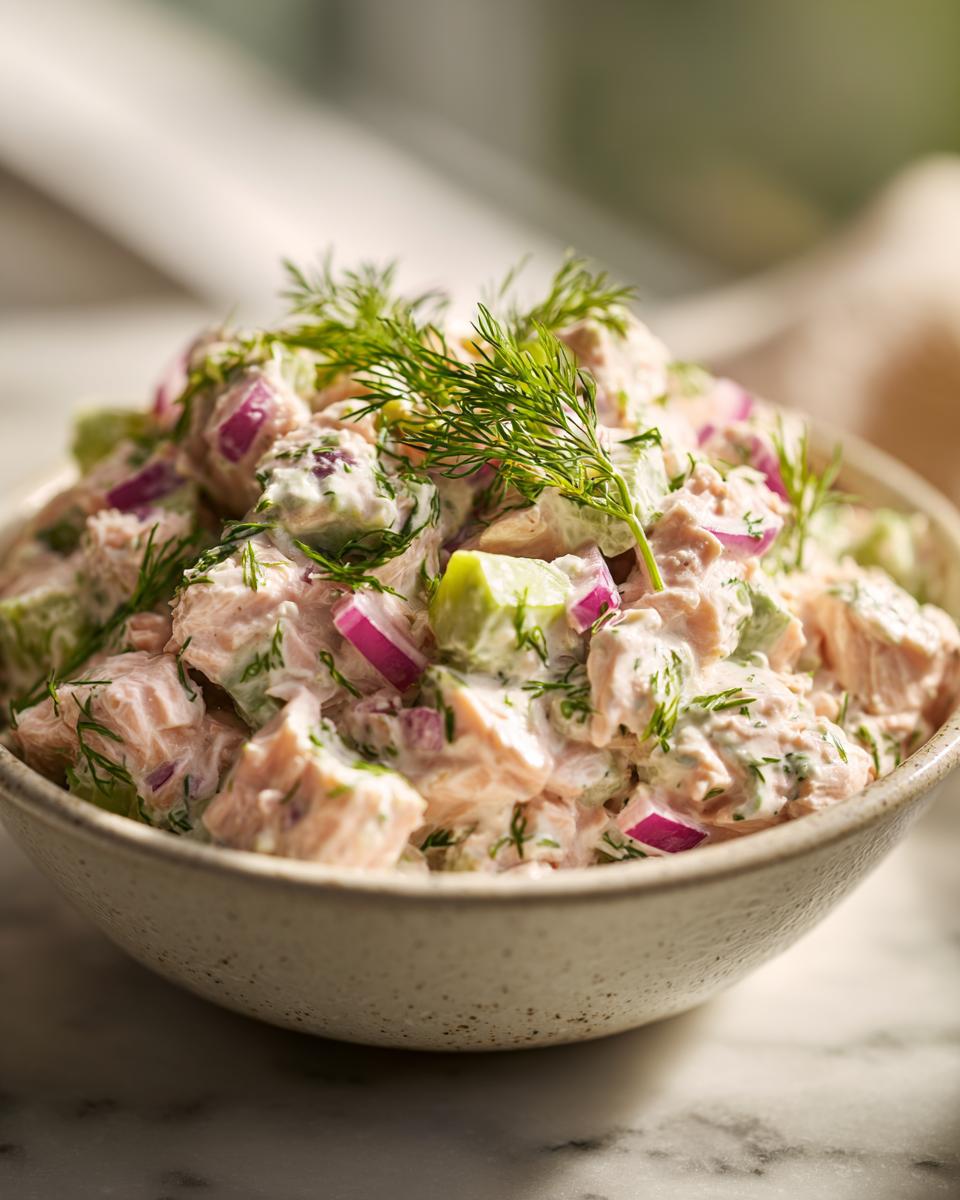 Close-up of a bowl filled with creamy avocado tuna salad, featuring chunks of tuna, avocado, red onion, and fresh dill.