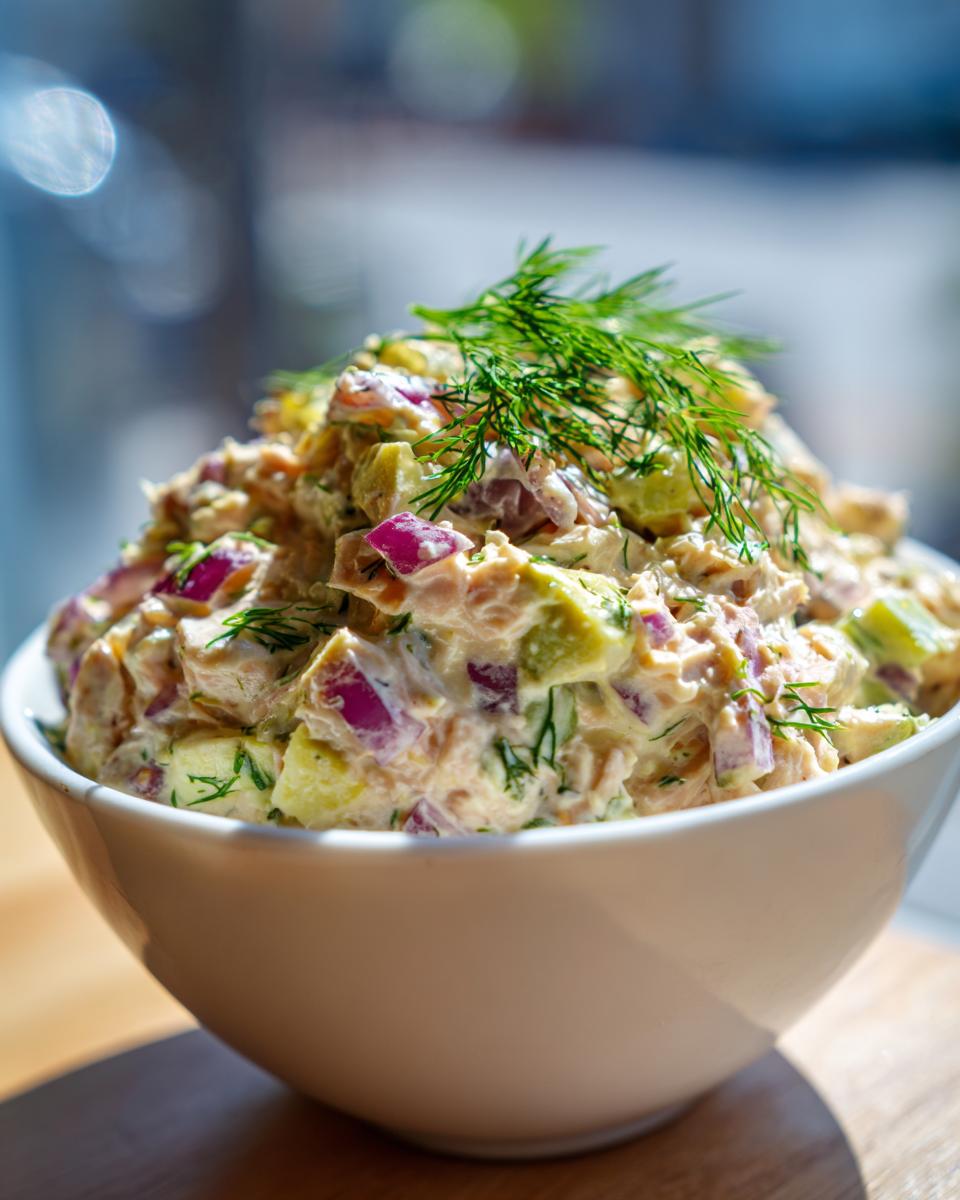 A bowl of creamy avocado tuna salad with red onion and dill, perfect for healthy lunch ideas.