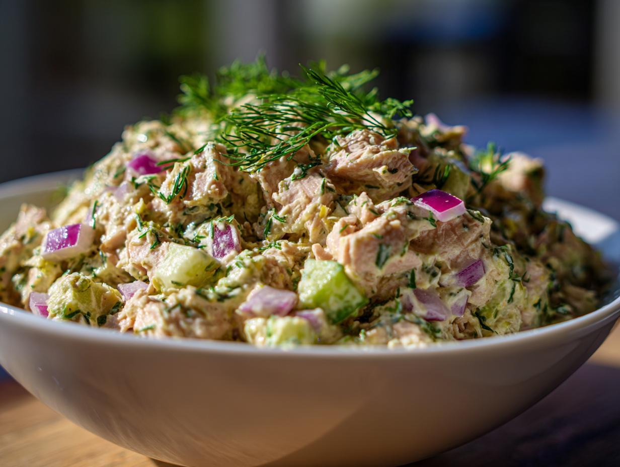 A bowl overflowing with creamy avocado tuna salad, mixed with chunks of cucumber and red onion, and garnished with fresh dill.