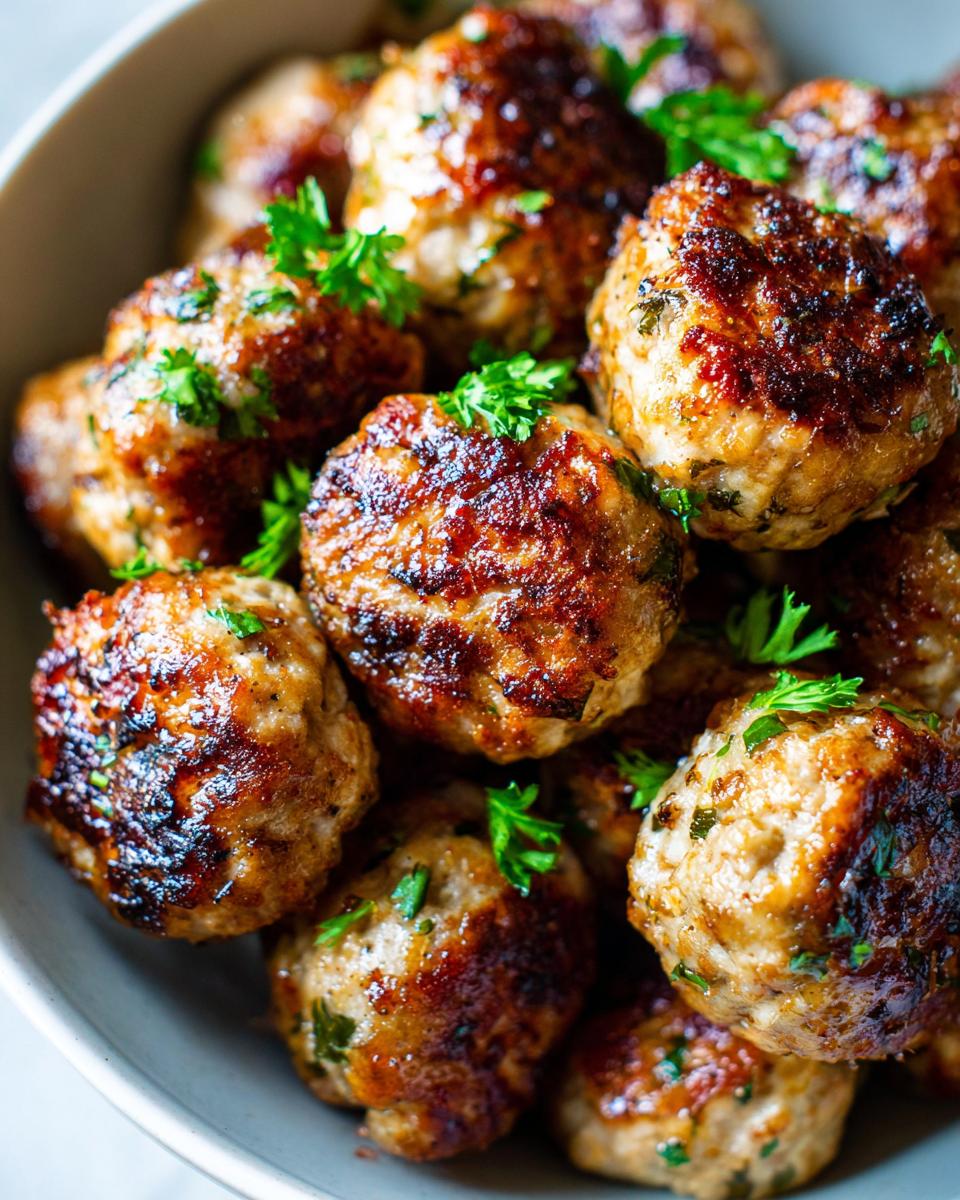 Close-up of golden-brown baked meatballs, seasoned with herbs, perfect for easy dinner recipes.