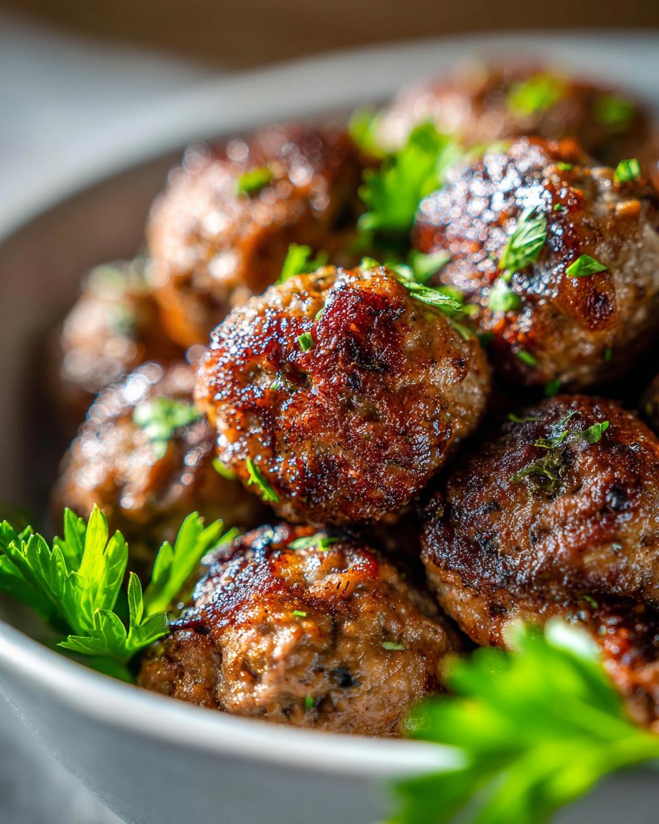 Close-up of golden-brown baked meatballs garnished with fresh parsley, perfect for easy dinner recipes.