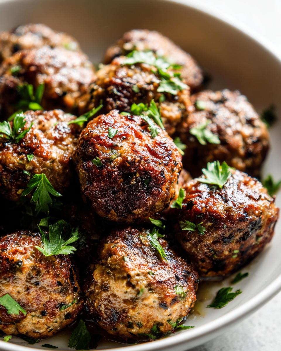 Close-up of a bowl of freshly baked meatballs, garnished with parsley, perfect for easy dinner recipes.
