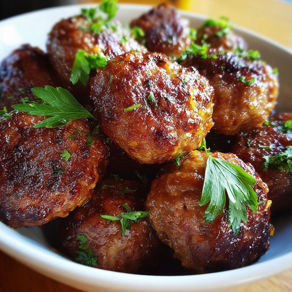Close-up of a bowl filled with golden-brown baked meatballs, garnished with fresh parsley, perfect for easy dinner recipes.