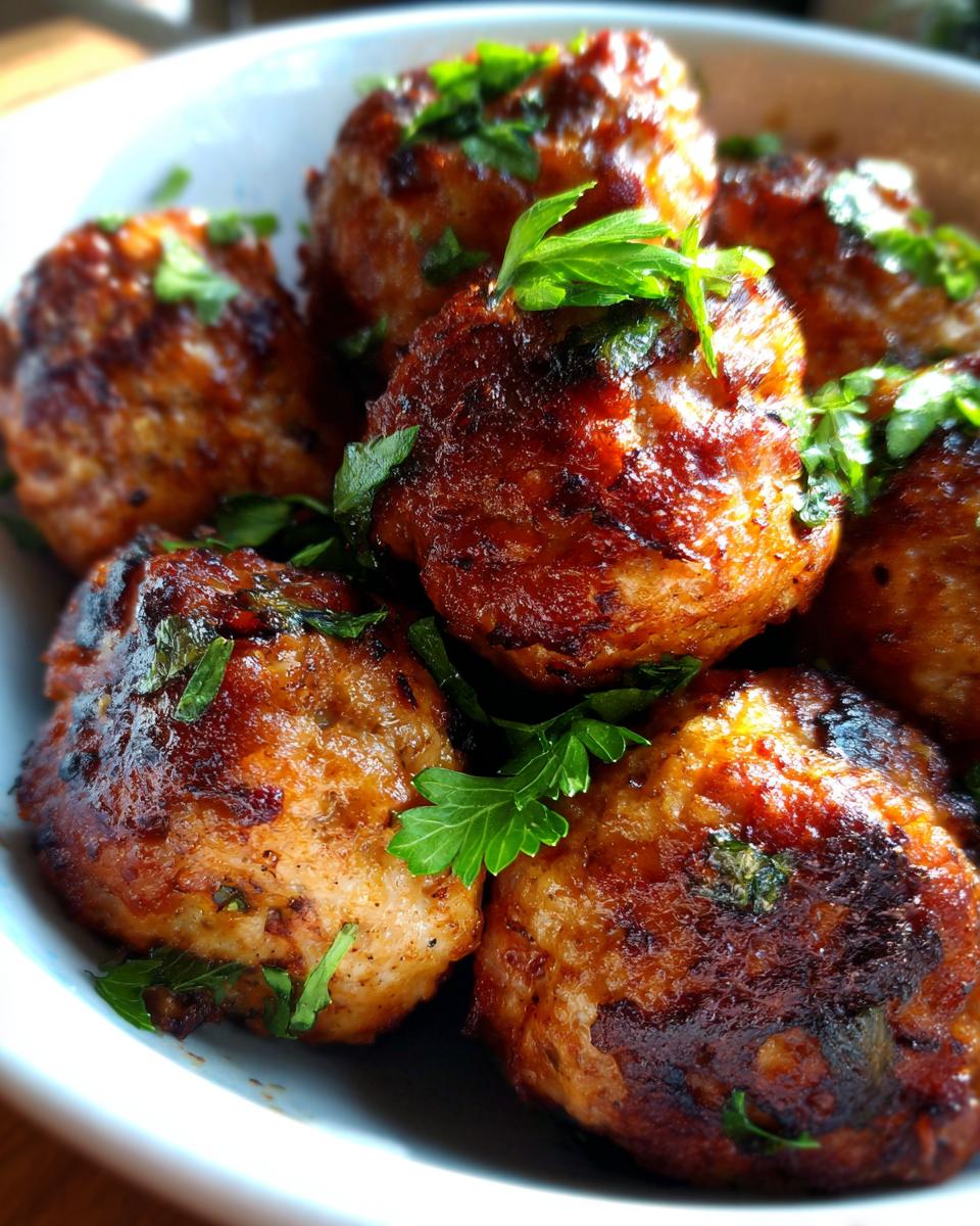 Close-up of a bowl of golden-brown baked meatballs, garnished with fresh parsley, perfect for easy dinner recipes.