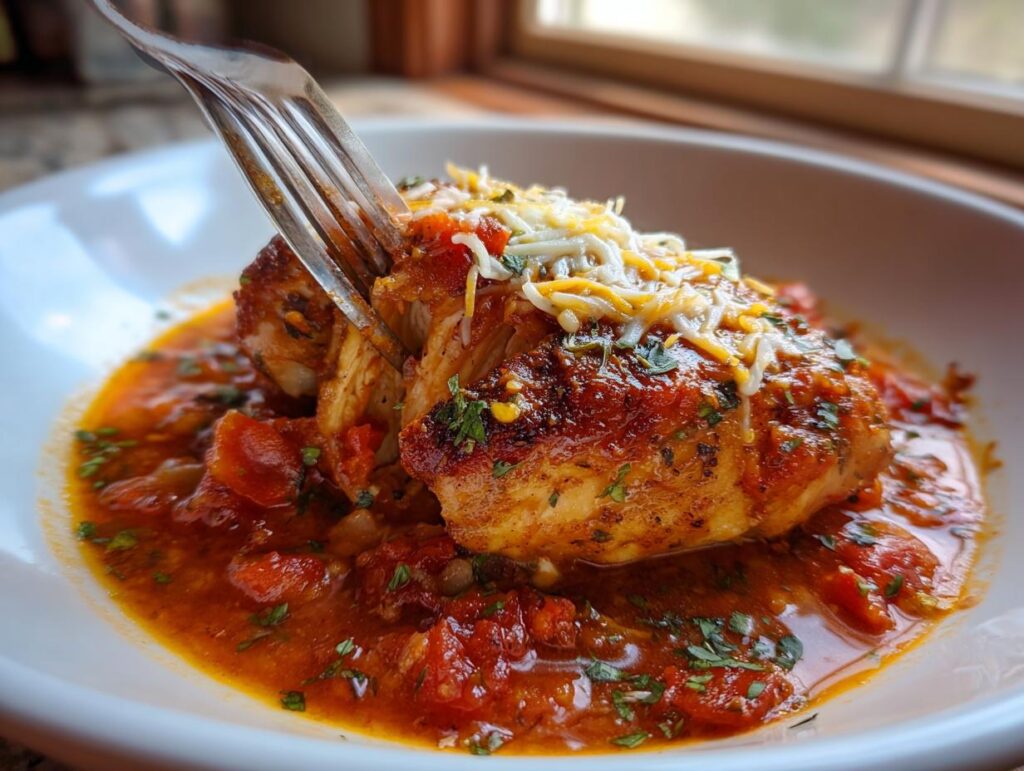 A fork is piercing a juicy baked salsa chicken breast topped with shredded cheese and herbs, served in a rich tomato sauce.