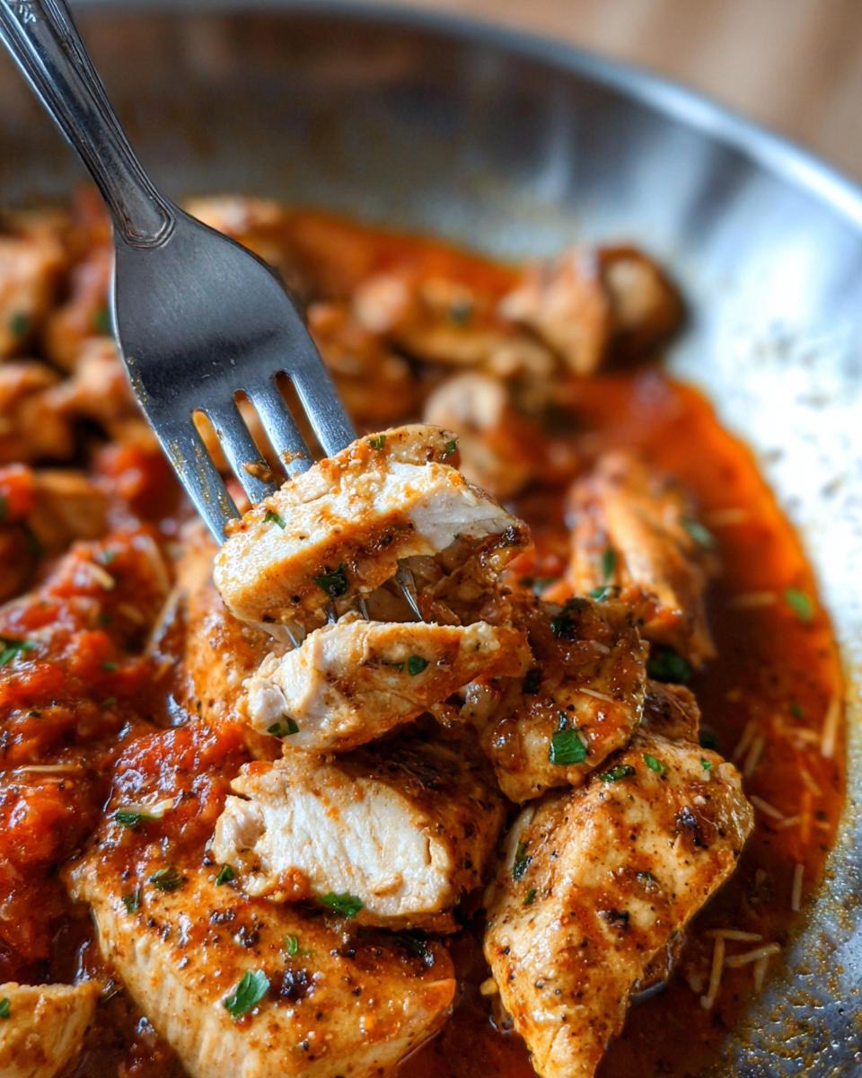 A fork lifting a piece of juicy baked salsa chicken breast from a pan, coated in rich tomato sauce and herbs.