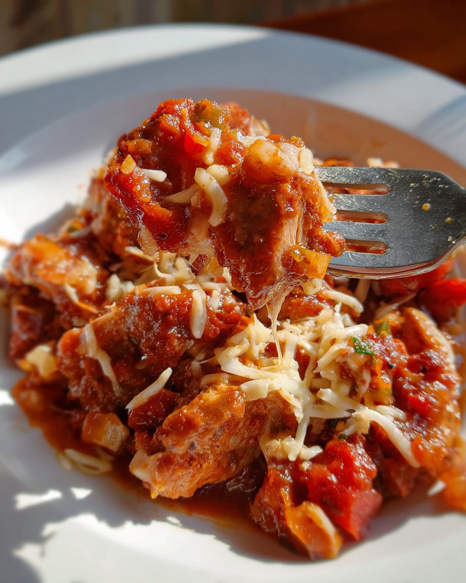 A fork lifts a piece of tender baked salsa chicken breast covered in melted cheese and salsa.