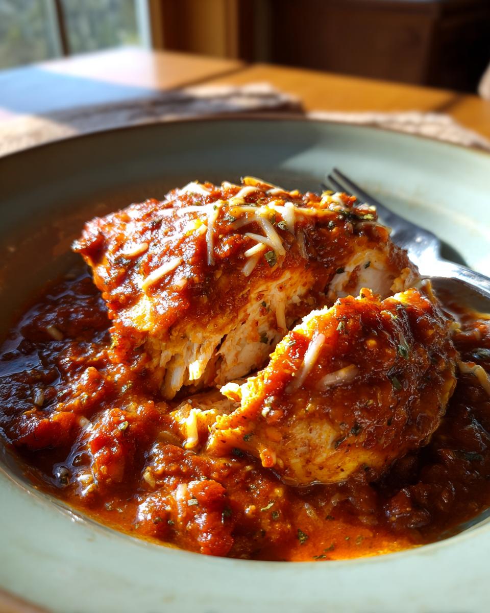 A close-up of baked salsa chicken breast, topped with melted cheese and covered in rich salsa sauce.