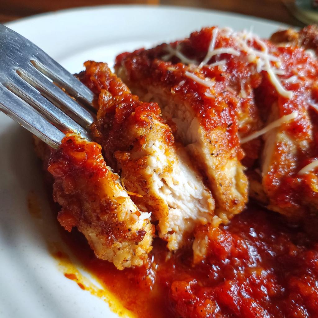 Close-up of a fork lifting a piece of baked salsa chicken breast, showing juicy interior and rich tomato sauce.