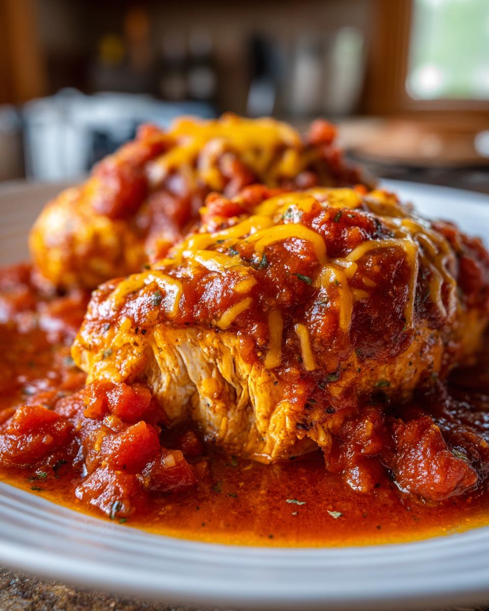 Close-up of baked salsa chicken breast topped with melted cheese and a rich tomato sauce.