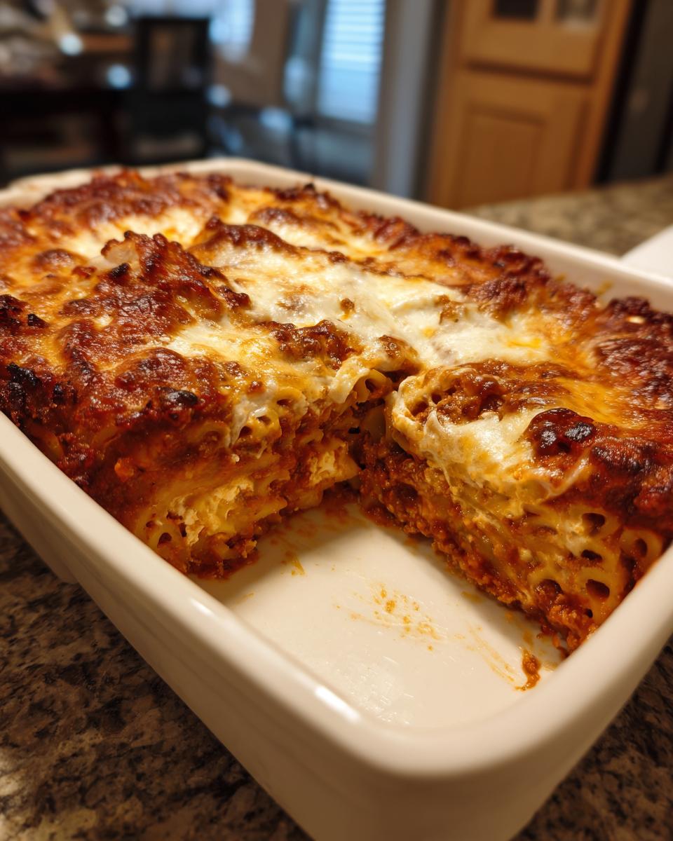 A close-up of a baked ziti casserole with three cheeses, showing layers of pasta, sauce, and melted cheese.
