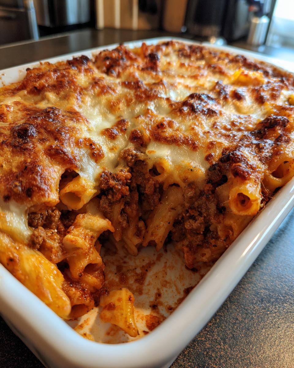 A close-up of baked ziti with three cheeses, featuring a rich meat sauce and golden-brown melted cheese topping.