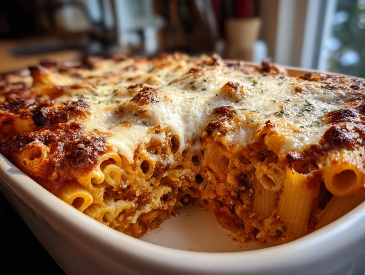 A close-up view of a baked ziti casserole with three cheeses, showing layers of pasta and rich sauce.