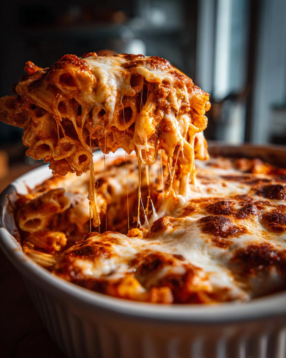 A generous serving of baked ziti with three cheeses, showing gooey melted cheese stretching from the dish.