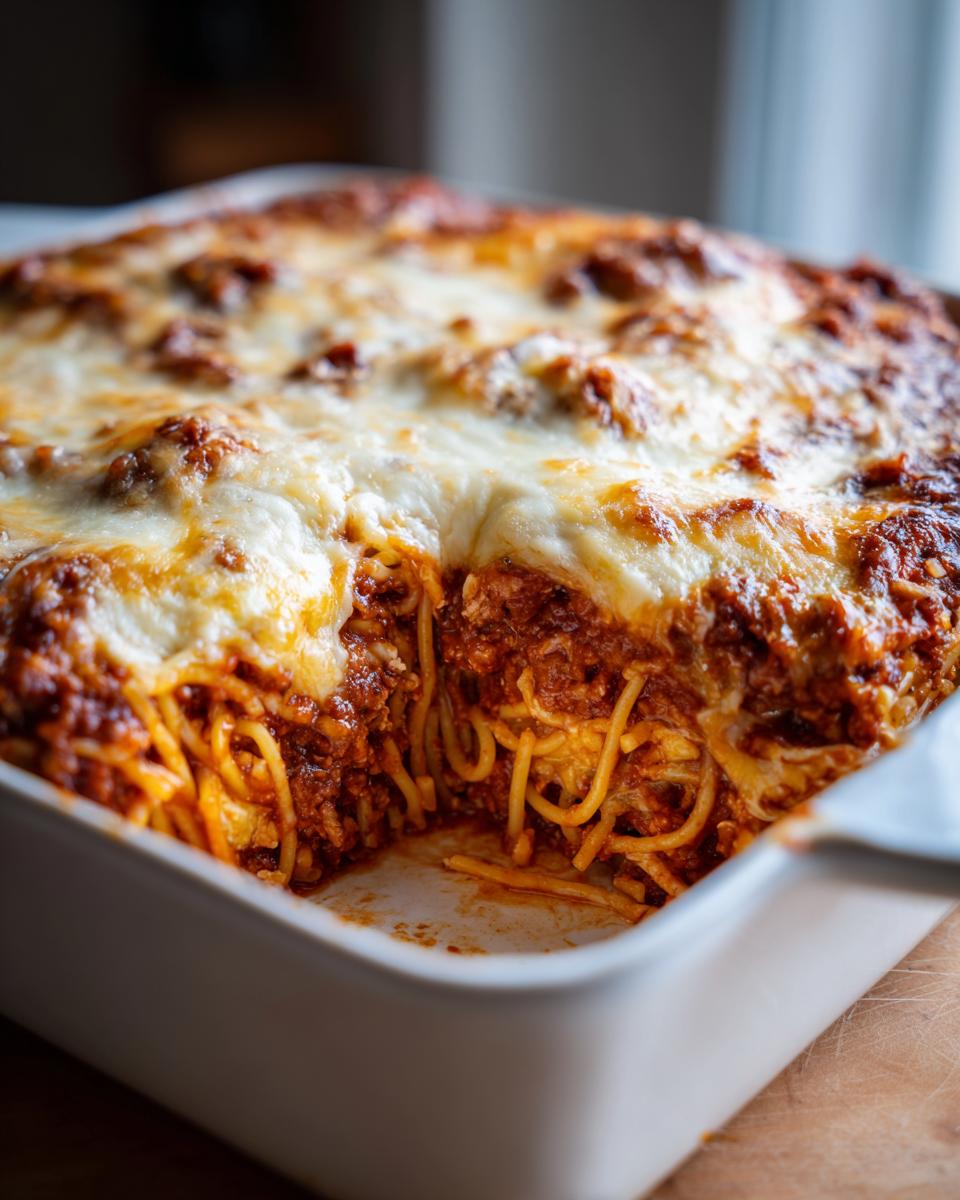 A close-up of baked ziti with three cheeses, showing melted cheese and rich tomato sauce.