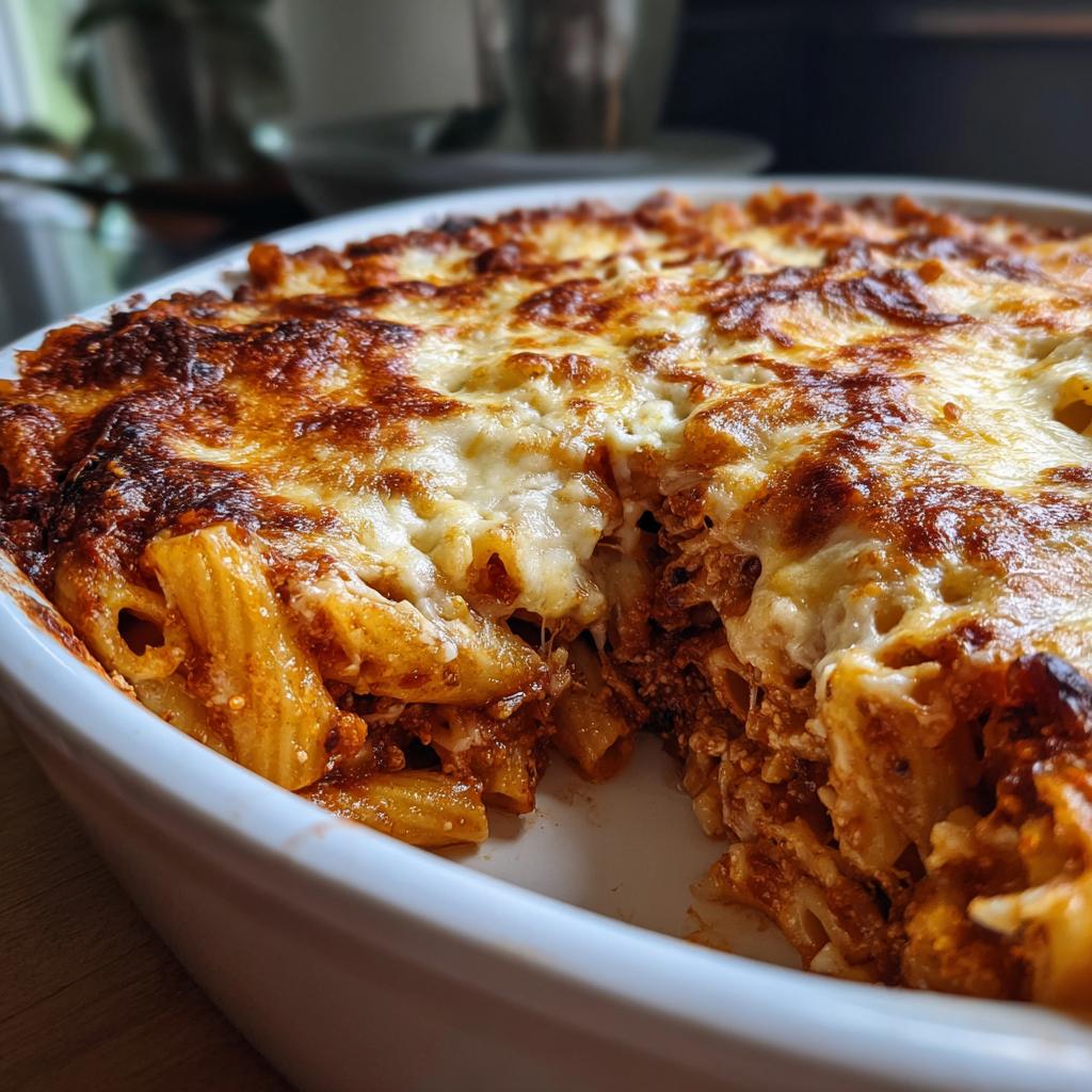 Close-up of a baked ziti dish with three cheeses, showing bubbling cheese and pasta.