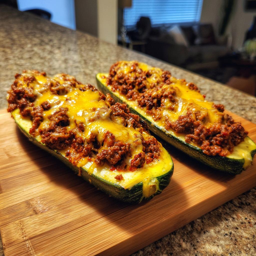 Two baked zucchini boats filled with seasoned ground beef and melted cheese, a delicious ground beef recipe.
