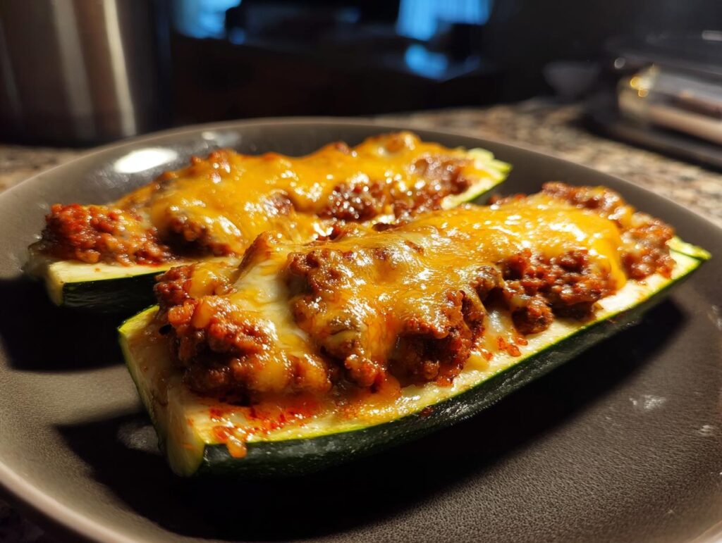 Two baked zucchini boats filled with seasoned ground beef and topped with melted cheese.