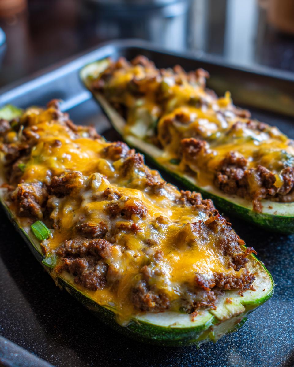 Close-up of baked zucchini boats filled with seasoned ground beef and topped with melted cheese.