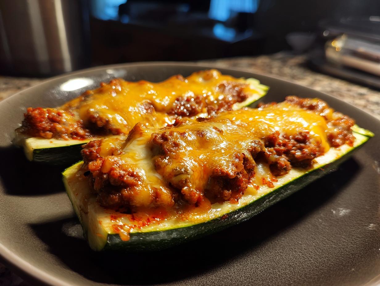Two baked zucchini boats filled with seasoned ground beef and topped with melted cheese.