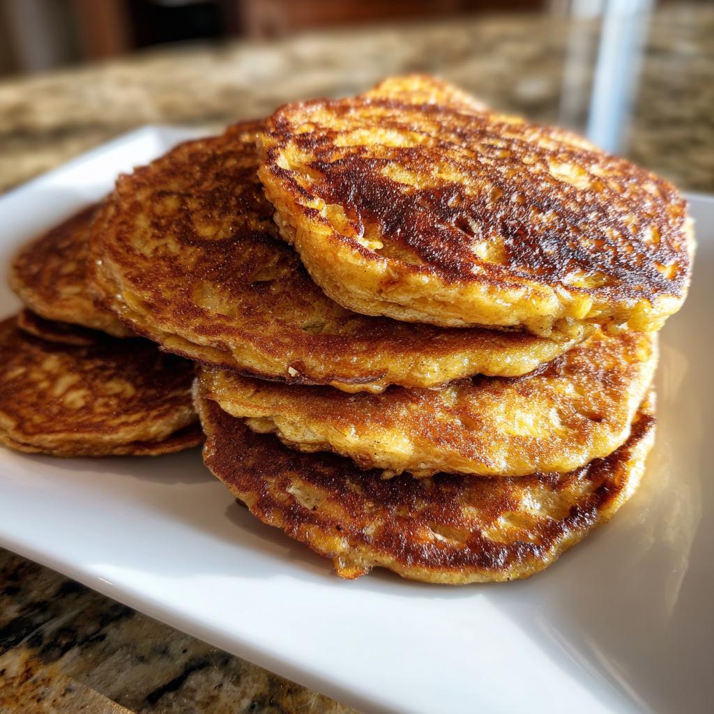 A stack of golden-brown banana oat pancakes on a white plate, perfect for breakfast.