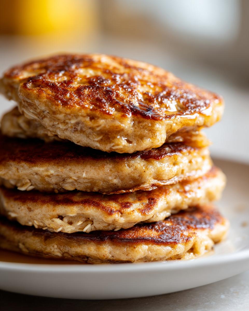 A close-up of a stack of fluffy banana oat pancakes, perfect for breakfast ideas.