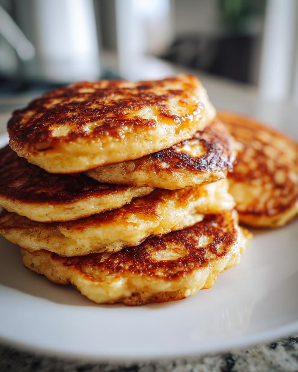 A close-up of a stack of golden-brown banana oat pancakes on a white plate.