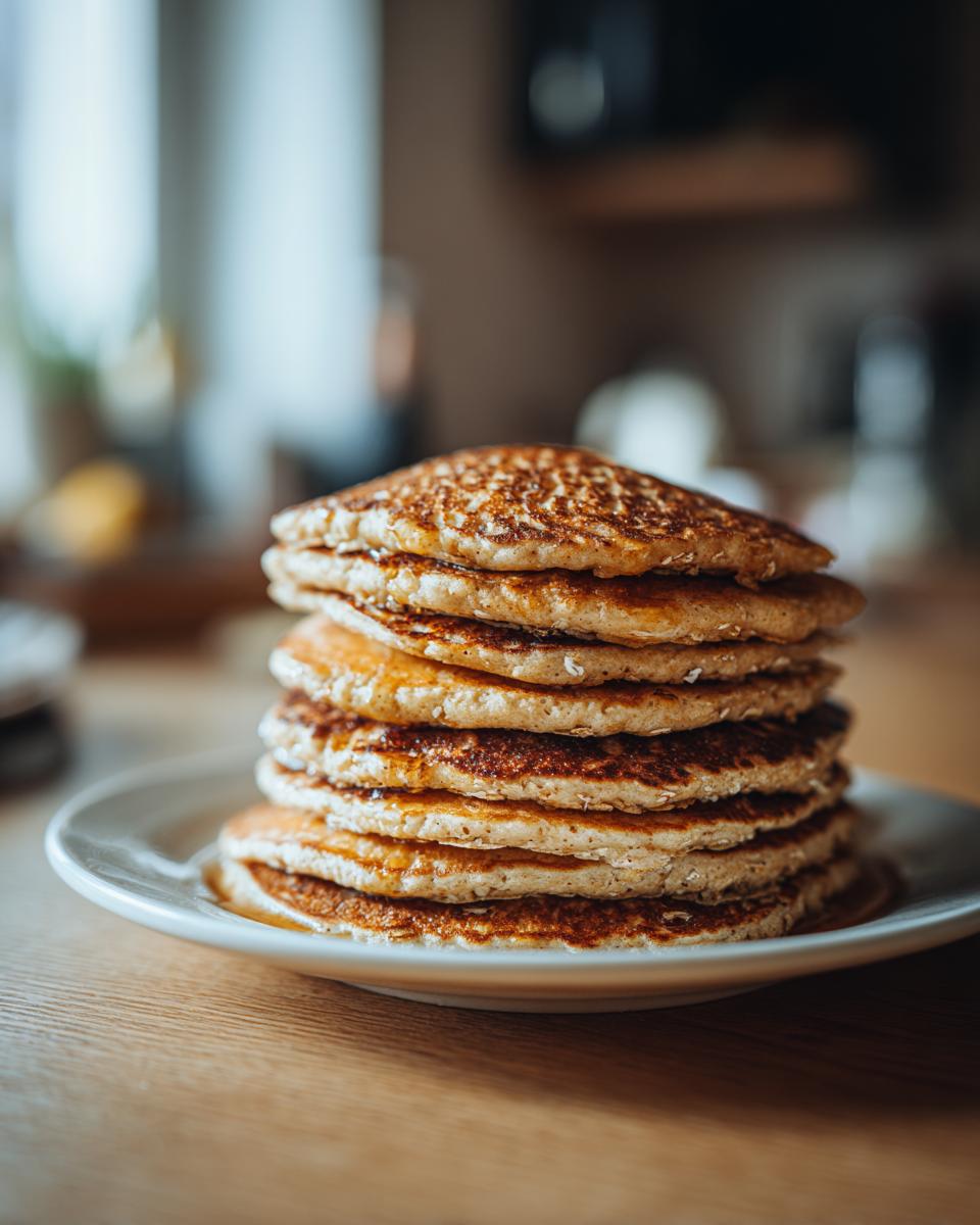 A tall stack of golden-brown banana oat pancakes drizzled with syrup, perfect for breakfast ideas.